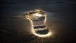 © Sylvia - Imprint of a single footstep in moist sand, displaying even pressure distribution with a soft therapeutic glow.