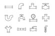 © Katlin - Plumbing pipe line icon set. Vector collection of pipeline parts, water faucet, valve, and tube fittings. Industrial outline symbols for construction and sanitary engineering.
