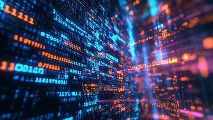 Binary code stream flowing on dark background in perspective