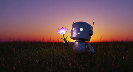 A cute, smiling robot holding a glowing flower in a grassy field at sunset.