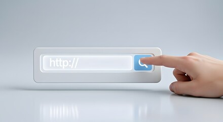 A hand presses a search button on a digital address bar, ready to browse.