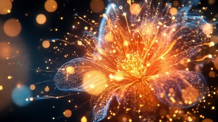 Wall Mural - Luminous abstract flower with flowing, glowing particles on dark backdrop