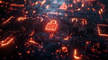 Padlock on a dark circuit board with glowing orange accents