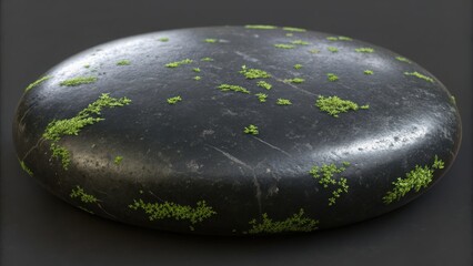 A dark round object with a smooth surface speckled with vibrant green mossy patches set against a plain background