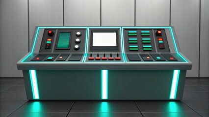 Futuristic control panel with various buttons and screens, illuminated with teal accents in a sleek, modern setting.