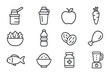 © GRACE - Fitness Nutrition Icons. Outline icon set of nutrition for fitness: protein powder, shaker, apple, carrot,