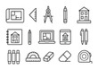 © GRACE - Architecture Tools Grid. Outline icon set of Architecture student projects: blueprint, scale ruler, compass,