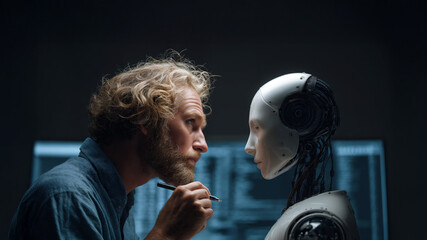 A scientist examines his creation, an AI robot, in a dark, futuristic lab. The image represents the relationship between human innovation and advanced artificial intelligence technology.