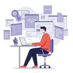 2D vector illustration of a focused male software developer coding on a laptop at a desk, surrounded by screens, symbolizing digital innovation and business.