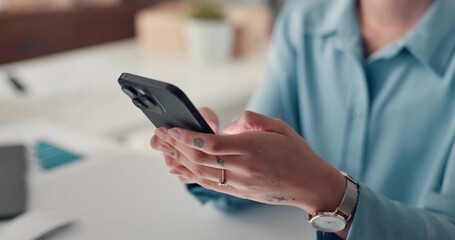 Phone, hands and businesswoman in office with contact, communication or email on mobile app. Research, technology and corporate employee with cellphone for networking online on break in workplace