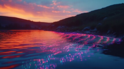 Wall Mural - a vibrant sunset over tranquil waters sets the scene. waves reflect stunning pink and purple hues. n