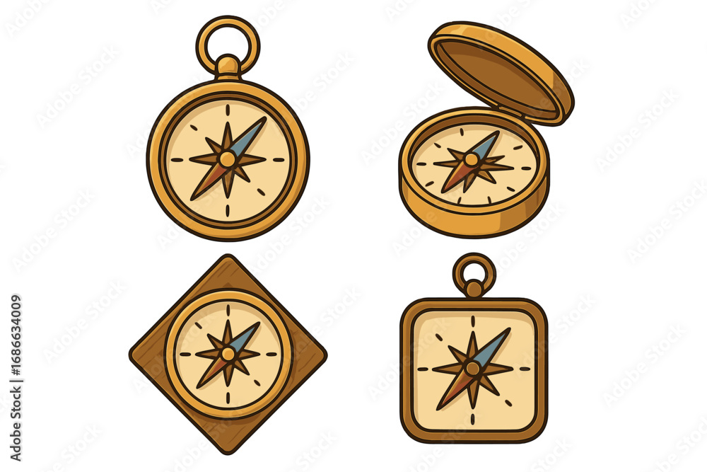 Vector set of vintage compass icons. Cartoon collection for navigation, exploration, and travel themes. Symbol of direction, discovery, journey, adventure, and guidance.