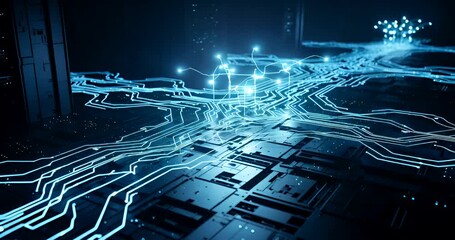 Animated Circuit Board with Glowing Blue Traces Representing High Tech Innovation