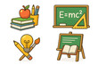 © Mary - Educational icons set for school and learning. Vector cartoon illustration of classroom elements like blackboard, books, apple, and creativity symbols. Back to school concept.
