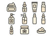 © Lyca - Skincare and beauty line icon set. Vector illustration of cosmetic products like cream, serum, lotion, and oil. Outline icons for dermatology, spa, and beauty routine concepts.