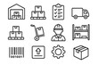 © Mara - Warehouse and logistics icon set, storage and equipment management vector collection, linear style symbols for supply chain, inventory, shipping, packaging, and transportation elements