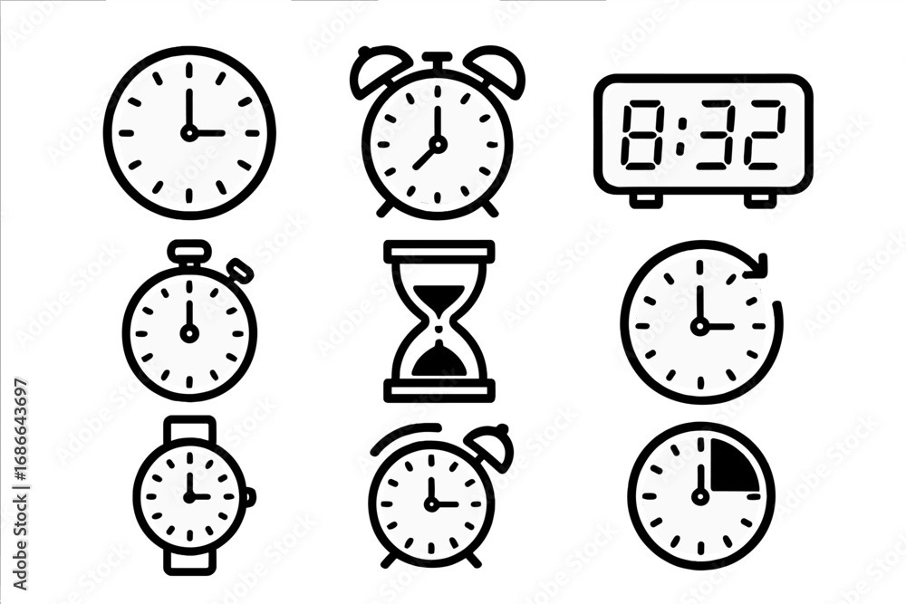 Clock and time icon set. Vector collection of various timekeeping ...