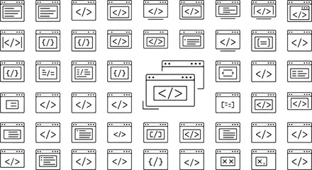 Collection of abstract website ui elements and coding symbols in sketch style vector