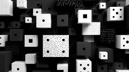 Floating textured monochrome squares and rectangles create a layered modern abstract composition with a minimal black, white, and grey palette