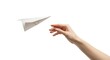 © Mono - A paper airplane is flying towards an outstretched hand White background