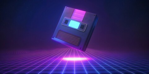Abstract digital processor chip floating in a neon blue and purple futuristic cyberspace with glowing particles.