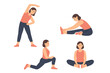 © Amabel - Young woman doing stretching exercises set. Fitness, yoga, pilates poses for flexibility training. Warm up, cool down routine. Vector flat cartoon character illustration.