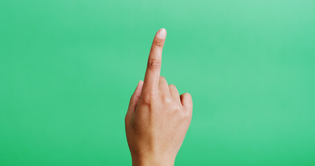 Hand, click and person with finger, green screen and swiping with dashboard. Closeup, mockup space or user with personalized experience, pointing and interactive with virtual interface and press