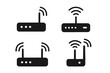 © Minh - Wireless router icon set in minimalist black and white style, vector cartoon illustrations, seamless transparent background, modern tech symbols, wireless internet concept, network devices collection