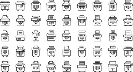 Collection of simple printer and scanner icons showing various designs and styles on white vector
