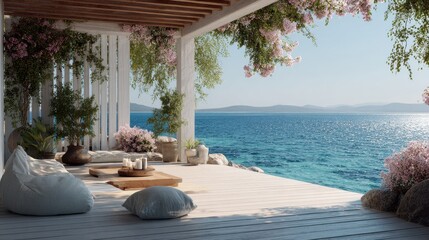 luxurious villa terrace overlooking turquoise waters offers serene ocean view and lounge seating on 