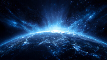 Wall Mural - A stunning view of Earth from space, illuminated by a bright cosmic glow, showcasing stars and galaxies in a deep blue atmosphere.