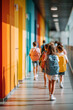 © aMichelle - Group of elementary school children with colorful backpacks running enthusiastically through bright modern school hallway with vibrant wall colors, capturing energy of childhood and education