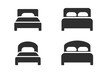 © Trina - Bed icon set. Single and double bed symbols. Hotel accommodation pictogram. Minimalist furniture for bedroom. Sleep, rest, and relaxation concept. Vector silhouette illustration.
