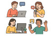 © Trina - People using digital devices for communication. Man and woman with computer, smartphone for chat, video call, social media like, remote work, content creation. Vector cartoon set.
