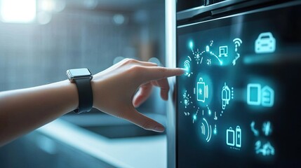 A person using a smartwatch to control household appliances, blending human interaction with IoT for seamless everyday tech use.