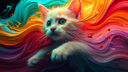  Whimsical Kitten Emerging from Vibrant Rainbow Paint Swirls: Artistic, Playful, and Dreamlike Digital Art