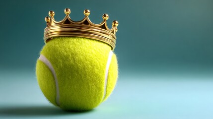 A tennis ball is sitting on a blue background with a crown on top of it. The crown gives the ball a regal and majestic appearance