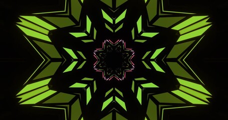 Wall Mural - 3d tunnel effect loop with kaleidoscope and a starburst pattern in neon colors on a dark background.