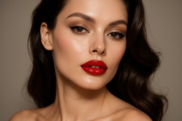  Radiant Beauty: A captivating portrait showcases a model with a glamorous look, enhanced by striking red lipstick and expertly styled hair. The image exudes confidence and allure. 