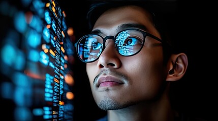 Focused coder analyzing data with screen reflections in glasses portrays technology and expertise