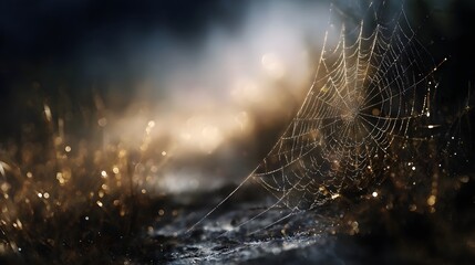 Intricate spider web glistening with morning dew drops surrounded by soft golden bokeh lights and blurred natural elements