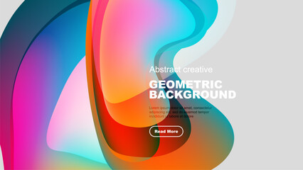 Wall Mural - fluid shapes overlap, creating vibrant color gradients. text block present with read more button. mo