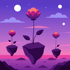 vector art of floating islands with surreal flowers under a purple twilight sky