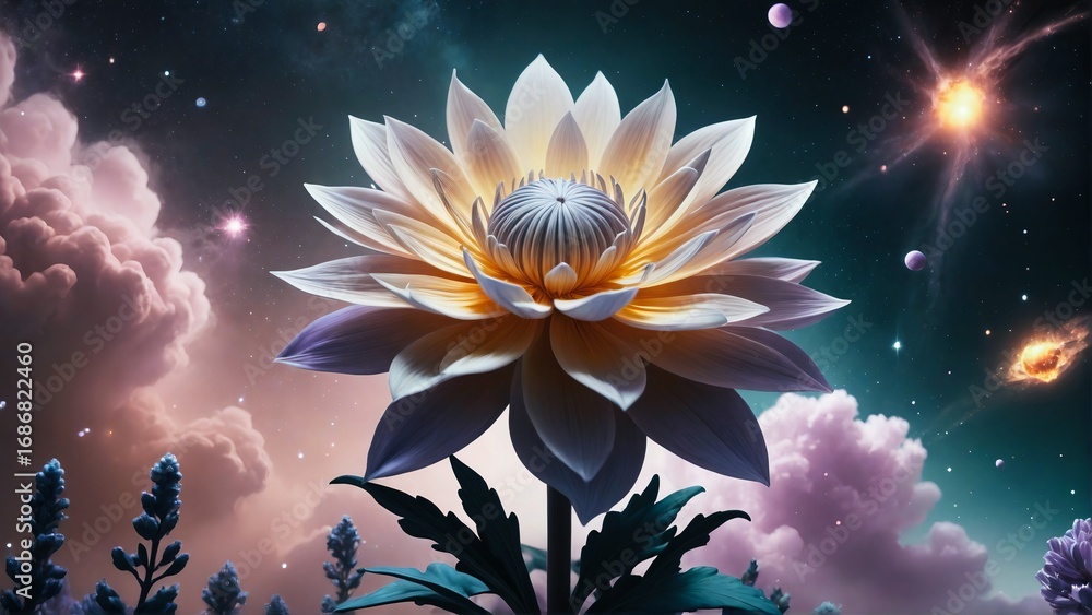 Enchanting cosmic flower blooms with ethereal light against a starry ...