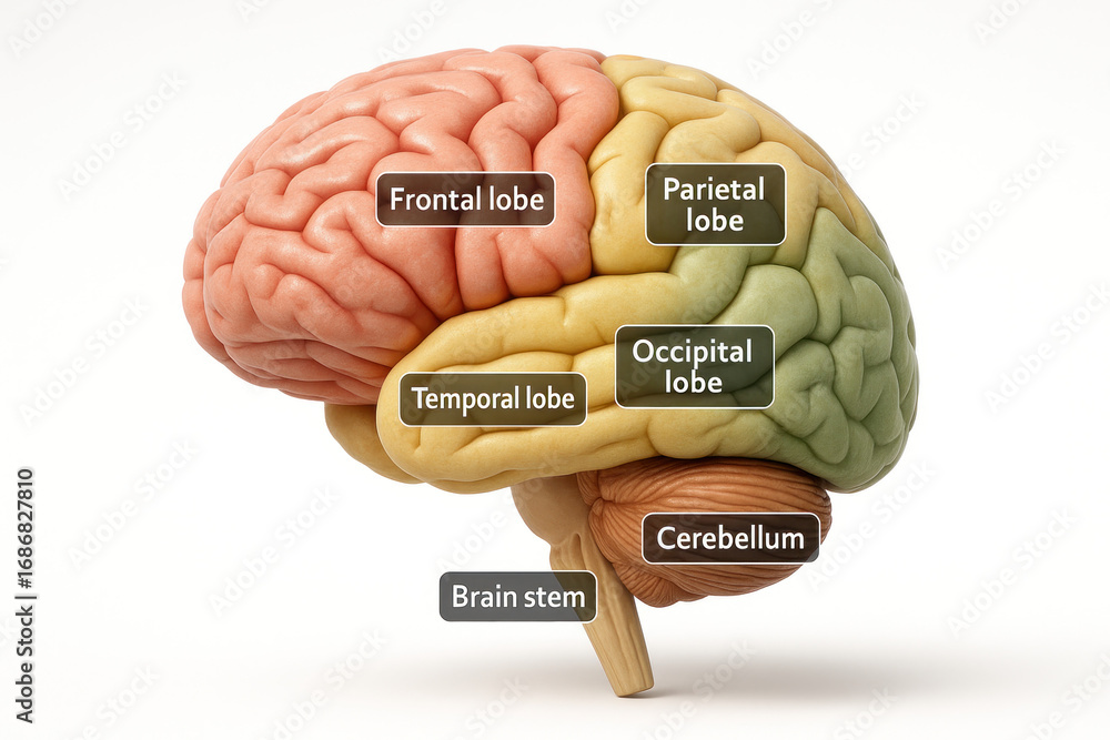 Human Brain Anatomy Illustration with Labeled Lobes and Parts, Medical ...