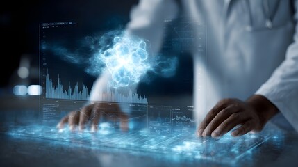 Wall Mural - scientist interacts with futuristic holographic display of medical data