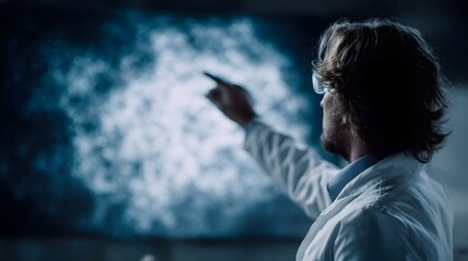 Wall Mural - scientist analyzing atom structure on a glowing holographic screen in a modern lab