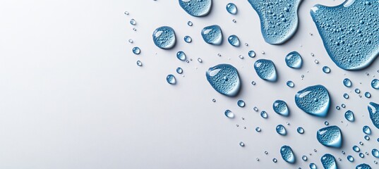 Wall Mural - Fluid Beauty of Aquamarine Water Droplets on a Smooth White Surface Capturing Refreshing Purity