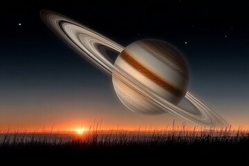 Wall Mural - stunning view of saturn with beautiful rings during a cosmic sunset, a captivating space aesthetic.