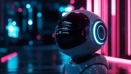 Futuristic robot exploring neon lit cityscape at night